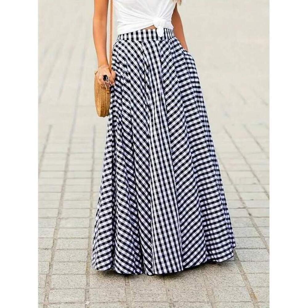 Women's Elegant Plaid Skirt, High Waist Wide Hem Flowy A-Line Skirt, Spring/Summ - Picture 2 of 4